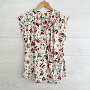 Pleione - White floral sleeveless pleated faux wrap top, S